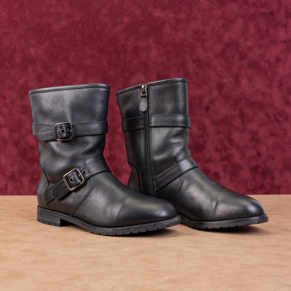 Manolo Blahnik Women Black Leather Fleece Lined Moto Vibram Boots 6US EUR 36.5